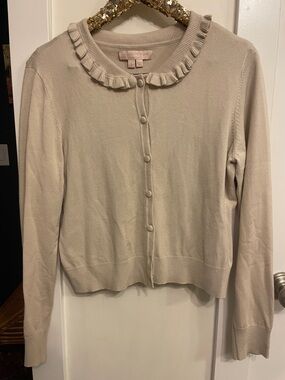 Gal meets glam size large Crewneck Ruffle Cardigan Sweater - Light Beige